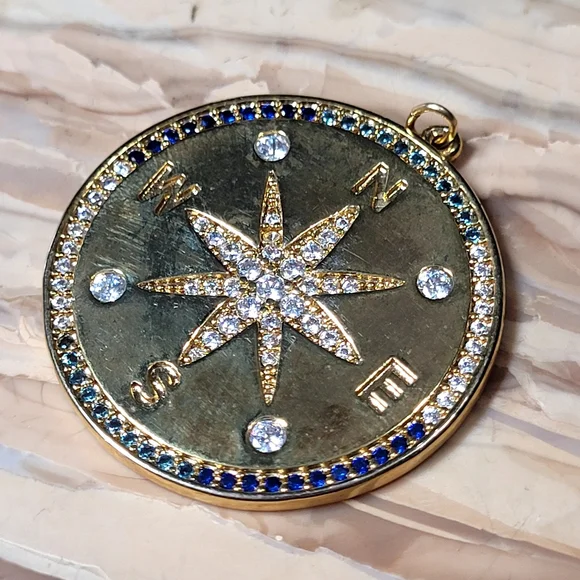 Gold Compass Pendant with Blue/Tourquise and White Accents - Picture 3 of 5